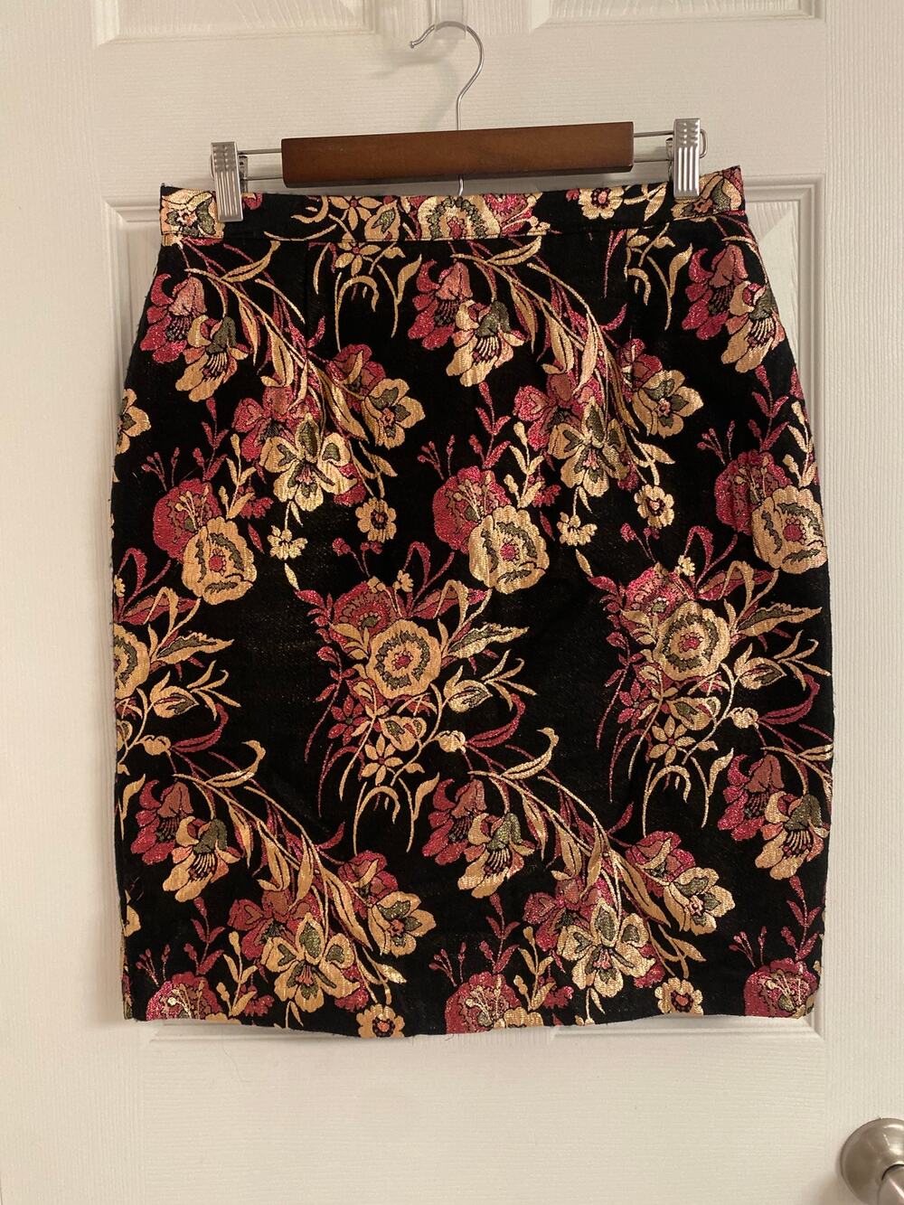Vintage Floral Brocade Pencil Skirt Gold Metallic Tapestry Jacquard M⁠